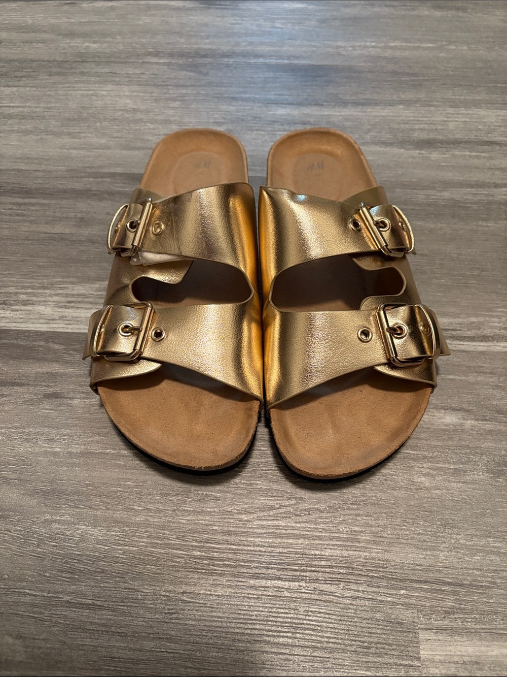 H&M Metallic Gold Double-Strap Buckle Slides